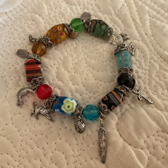 Italian Millefiori Glass beads/ silver tone metal charms stretch bracelet - Picture 3 of 6